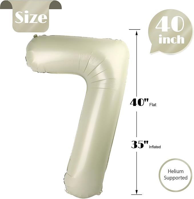 Cream Number 7 Balloon 40 Inch, 7 Balloon Number, 7th Birthday Decorations, Cream Party Supplies for Boys Girls