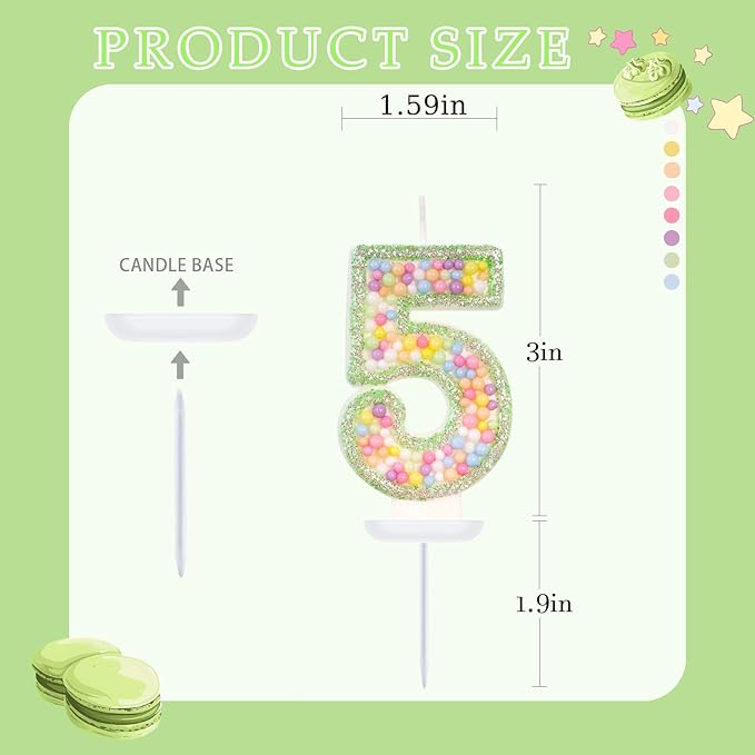 Birthday Candles - Number 5 Candle, Colorful Macaron Candles for Boys/Girls, Green Cake Decorations, Music Game Themed Party Supplies