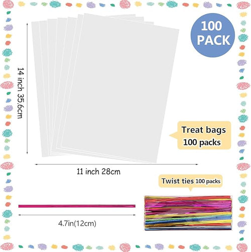 100 Pack Clear Cellophane Treat Bags 11x14 Inches OPP Plastic Gift Goodie Bags for Small business Candy Cookies Bakery Soap Party Favors Gift Wrapping Packaging with Twist Ties