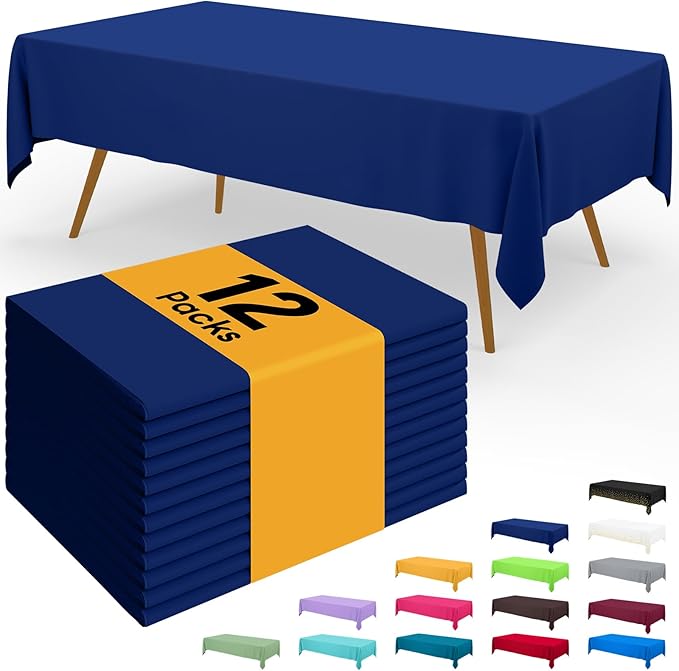 Smiry Disposable Table Cloth - 12 Pack, 54 x 108 Inch Waterproof Rectangle Tablecloths for Parties, Decorative Plastic Table Cover, Leakproof & Sturdy, Navy