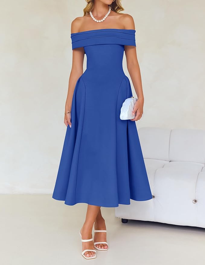 ZESICA Summer 2026 Cocktail Dresses for Women's Off Shoulder Short Sleeve Swing A Line Wedding Evening Party Midi Dress