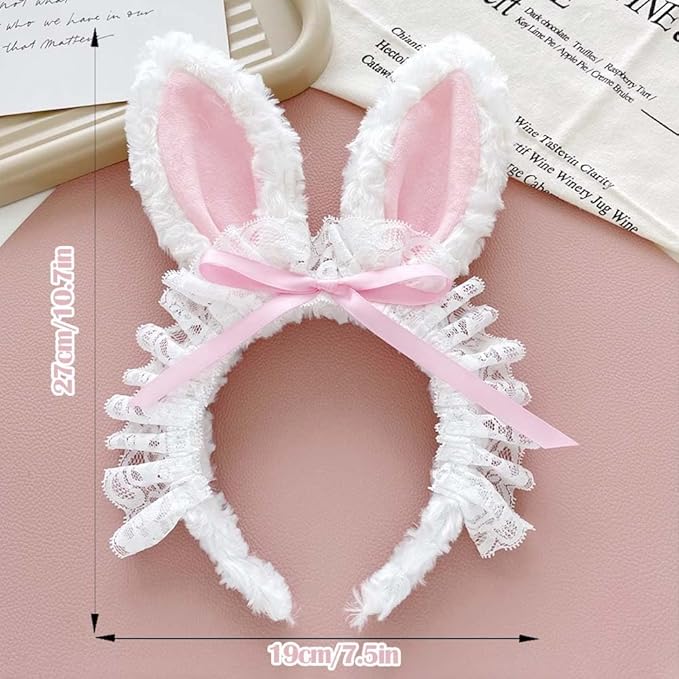 Blync Easter Bunny Ears Headband, Lace Curly Rabbit Hair Accessories, Pink Bow Hairband for Party, Photos, Cosplay
