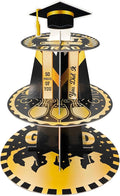 Graduation Cupcake Stand for 25 Cupcakes, Class of 2026 Congrats Dessert Collapsible 3 Tier Holder for Grad Party Black and Gold, Disposable Cardboard Stand Display Tower Graduation Cap Decorations Supplies for College School