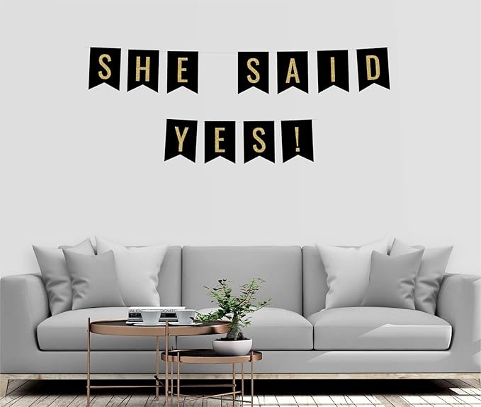 Andaz Press Faux Gold Glitter on Black Wedding Party Banner Decorations, She Said Yes!, Approx 5-Feet, 1-Set, Colored Hanging Pennant Decor