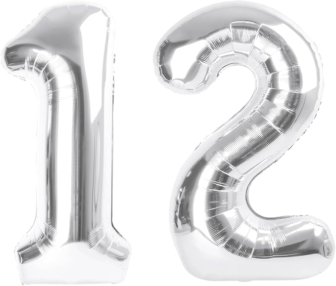 12 Number Balloons, Silver Balloons for Woman Man 12th Birthday Party Decoration, 40 Inch Foil Number 12 Ballon for 12, 21 Anniversary, Bridal Shower, Graduation, Wedding, New Year, Valentine's Day