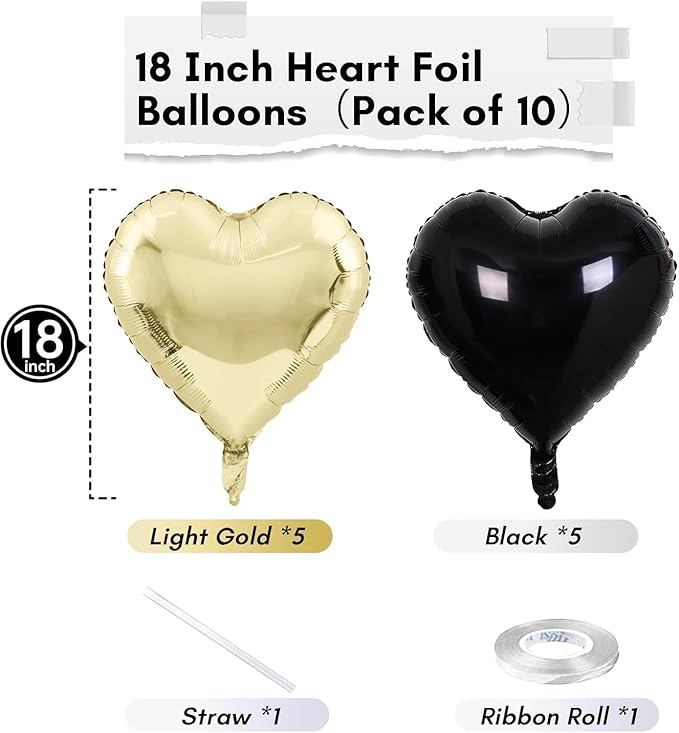 Black Gold Foil Heart Balloons, 18 Inch 10 Pcs Light Gold and Black Heart Shape Foil Balloons Pastel Yellow and Black Heart Balloons for Birthday Graduation Valentines Baby Party Anniversary
