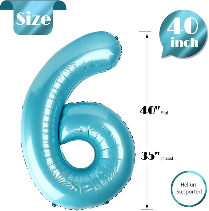 Pearlescent Blue Number 6 Balloon 40 Inch, 6 Balloon Number, 6th Birthday Decorations, Pearlescent Blue Party Supplies for Boys Girls