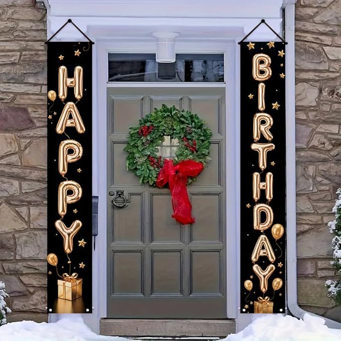 Birthday Decor Banner 12x71 Inches, Happy Birthday Door Hanging Sign, Black and Gold Party Decorations for Indoor Outdoor Celebration