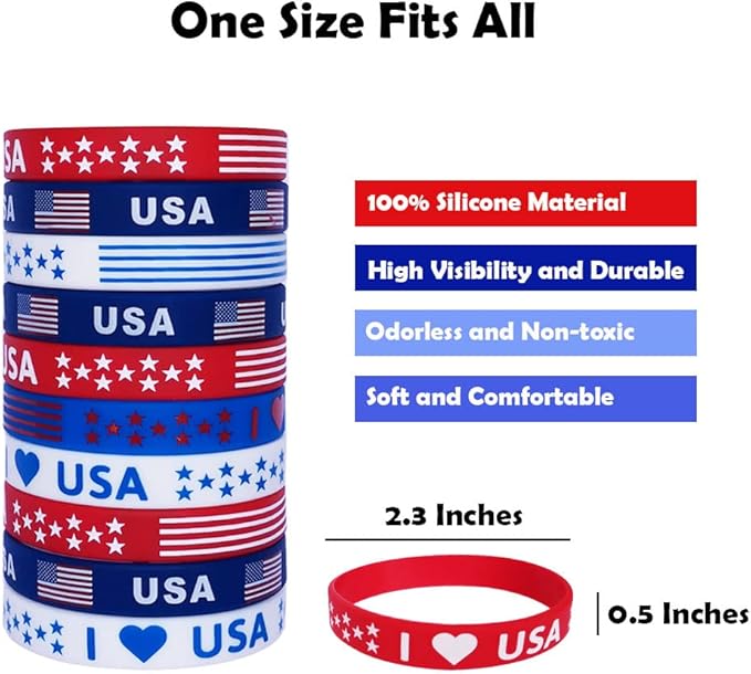American Flag Silicone Bracelet 40Pcs, Fourth 4th of July Patriotic Party Favors, Memorial Day Veterans Day Wristband, USA Red White and Blue Decorations