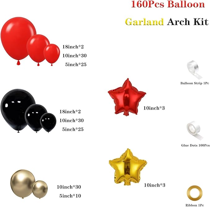 Red Gold Black Balloon Garland Arch Kit, 160Pcs Black Red Gold Latex Balloons with Star Foil Balloons for Anniversary Casino Night New Years Hollywood Movie Night Birthday Party Decorations