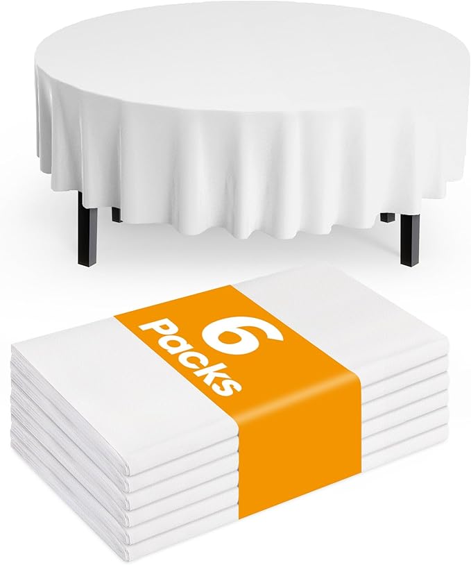 Pureegg Plastic Table Cloth Disposable 6 Pack, 84'' Round Table Cloths, Party, Picnic, Wedding, Decorative Tablecloths, Round, White Plastic Cover, Waterproof, White