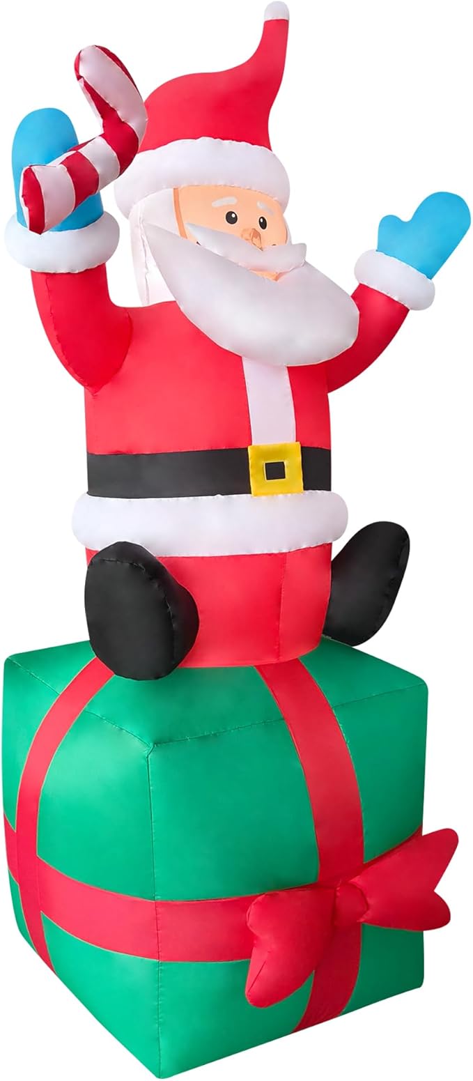 2 Packs 6FT Inflatable Christmas Santa Claus on Gift Box and Gingerbread Man Blow Up Decor for Christmas Outdoor/Doorway/Lawn Decor/Yard Party Decoration