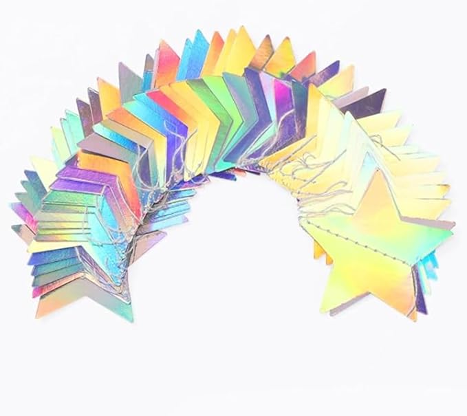 Iridescent Glitter Star Garland Hanging Decorations, Streamer Bunting Banner Decorations,65 Feet, Twinkle Star Backdrop for Graduation, Birthday, Wedding, Christmas Party, New Year (Iridescent)
