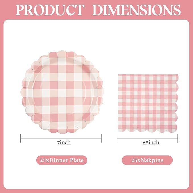 50PCS Light Pink Gingham Party Supplies - 7Inch Scalloped Dessert Paper Plates and Napkins Set Disposable Plaid Dinner Party Set for Valentine's Day Baby Shower Birthday Wedding, Serve 25