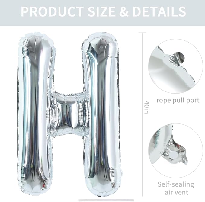 TONIFUL 40 Inch Large Silver Letter H Balloons, Foil Mylar Big Letter Balloons for 2026 New Year Eve Graduation Wedding Baby Shower Birthday Party Anniversary Supplies Decorations
