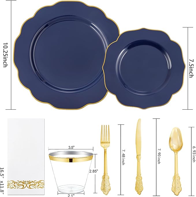 NOCCUR 175PCS Blue Plastic Plates with Disposable Silverware - Include 50 Blue Disposable Plates with Gold Rim,75 Gold Cutlery,25 Cups,25Napkins for Party/Wedding/Passover