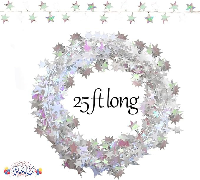 PMU 75 Ft Star Wire Shiny Garland White Iridescent - Halloween, Christmas Party, Wedding, Birthday, Festive Home Decoration Ornament White Iridescent (3pc-25Ft Each)