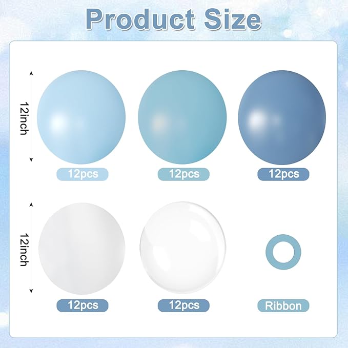 60Pcs Dusty Blue Balloons, 60Pcs 12 Inch Blue and White Balloons with Dusty Pastel Light blue White Clear balloons for Baby Shower Gender Reveal Bridal Shower Birthday Party Decorations