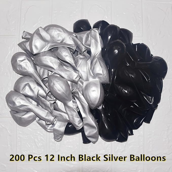 200 Pcs Black and Silver Balloons 12 Inch Latex Black Metallic Chrome Silver Balloon for Birthday Wedding Bridal Baby Shower Supplies Graduation Party Decorations