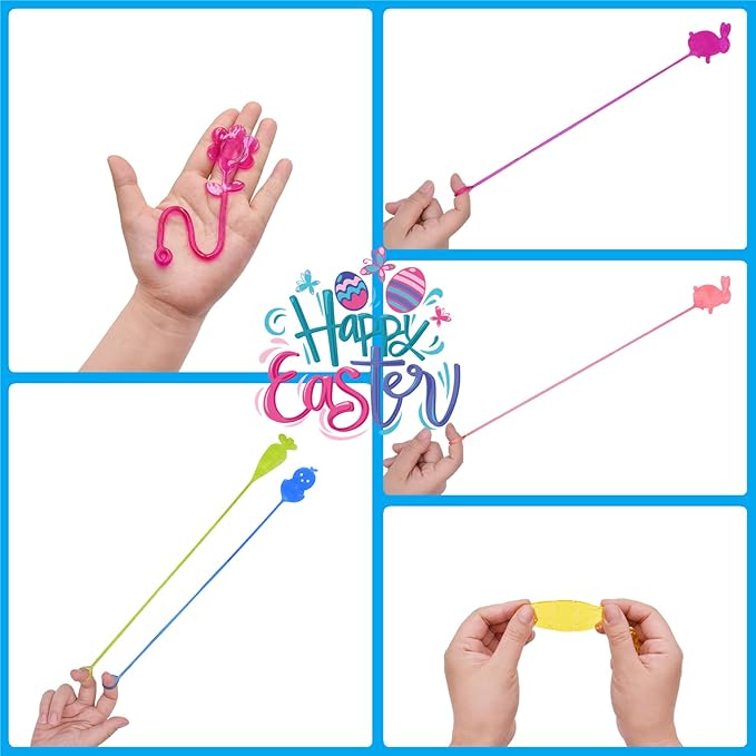 24 Pack Easter Sticky Hands Toys with 24 Pcs Plastic Easter Eggs, Easter Bunny Egg Chick Carrot Flower Basket Sticky Stretchy Toys for Kids Girls Boys Easter Basket Stuffers Party Favors Gifts