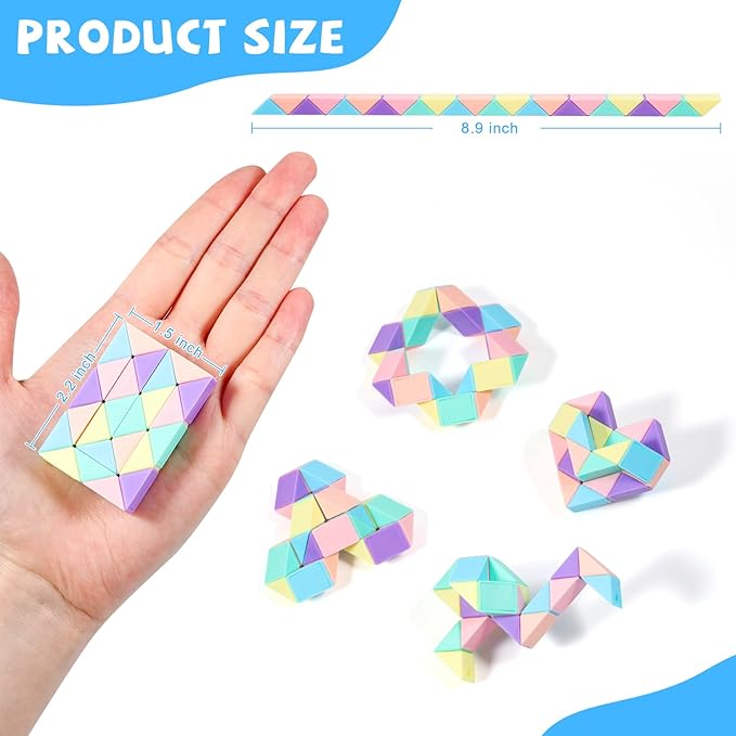 12 Pack Magic Snake Cube Fidget Toys for Kids - 24 Blocks MacaronTwist Puzzle, Party Favors, Classroom Prizes, Birthday Goodie Bag Fillers, Stress Relief Sensory Toys