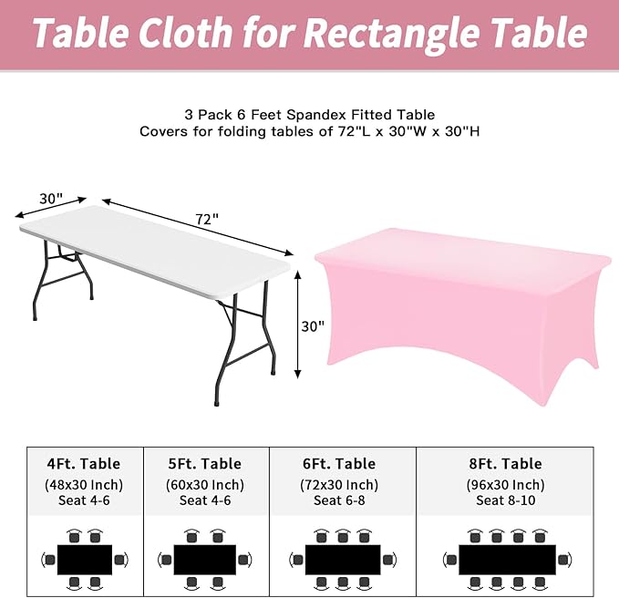 Fixwal 3 Pack Pink Table Cloths Rectangle 6FT, Tablecloths Rectangular Stretch Spandex Fitted Table Covers 6 FT for Valentine's Day, Parties, Banquet, Weddings, Buffet, Graduation Decorations
