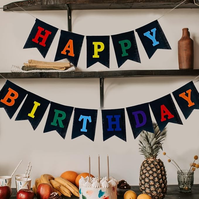 Colorful Happy Birthday Banner, Pre-strung Burlap Rainbow Happy Birthday Sign - Multi Color Reusable Birthday Party Decorations for Kids Boys Girls