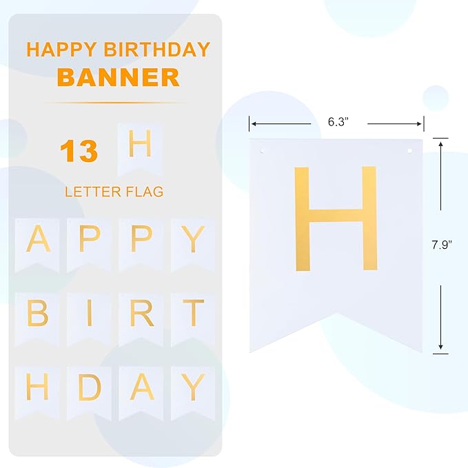 White Happy Birthday Banner - Hanging Backdrop Sign with Gold Letters, Happy Birthday Sign Bunting Decorations for Women men Kids Baby Shower Party Supplies (13pcs)
