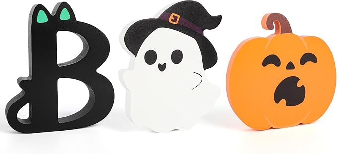 COCHIE BOO Signs Halloween Table Decorations Indoor, Retro Halloween Black Orange Tiered Tray Decor Set of 3, Wooden Happy BOO Day Decoration Sign for Party Home Shelf Display (Cute)