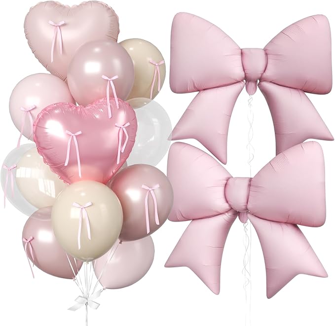 16Pcs Pink Heart Balloons, 38 Inch Bow Balloons, Double Stuffed Pearl Pink Clear Balloon and Bow Heart Shaped Foil Balloon for Girls Birthday Wedding Bridal Baby Shower Valentines Day Decorations