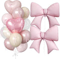 16Pcs Pink Heart Balloons, 38 Inch Bow Balloons, Double Stuffed Pearl Pink Clear Balloon and Bow Heart Shaped Foil Balloon for Girls Birthday Wedding Bridal Baby Shower Valentines Day Decorations