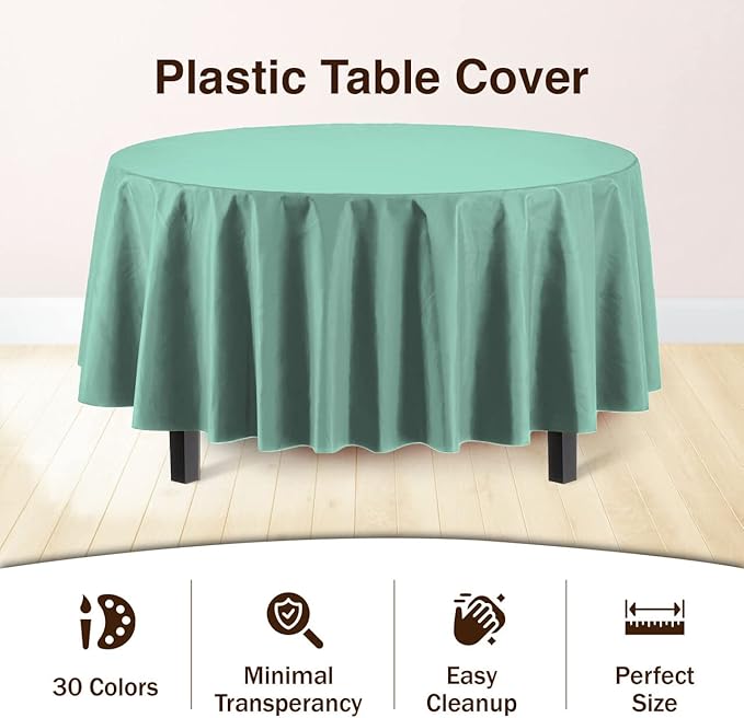Exquisite Party Solids 6-Pack Premium Plastic Tablecloth 84in. Round Plastic Table Cover - Mint