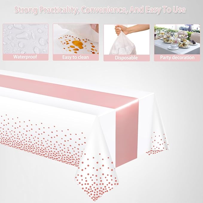 12 Pack Rose Gold Color Tablecloth Table Runner Set, Disposable Tablecloth, White & Rose Gold Dot Pink Satin Table Runner for Wedding Birthday Anniversary Party Decorations
