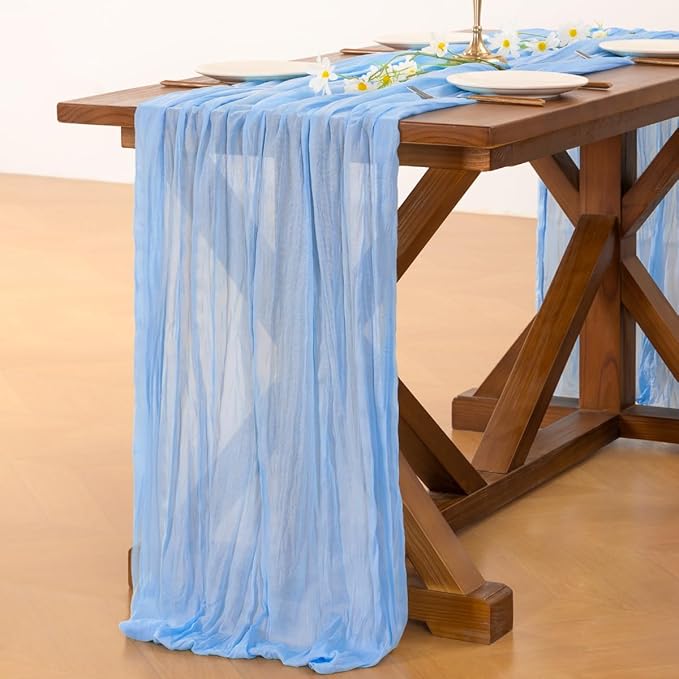 Socomi 3pcs Light Blue Cheesecloth Table Runner Easter Spring Boho Rustic Gauze 120 inch 10FT Cheese Cloth Runner for Wedding Party Baby Shower Birthday Home Decor Holiday Decorations