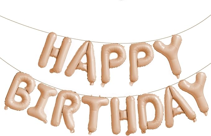 KALOR Beige Happy Birthday Balloons Banner, 16 Inch Mylar Foil Letters Balloon Sign for Birthday Party Decorations Photo Booth Backdrop