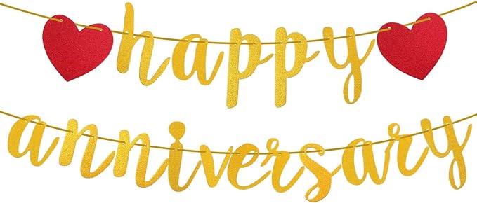 Happy Anniversary Banner, Glitter Wedding Anniversary Romantic Decorations No DIY Banners for Baby Shower Couples Birthday Party New Year(Gold)