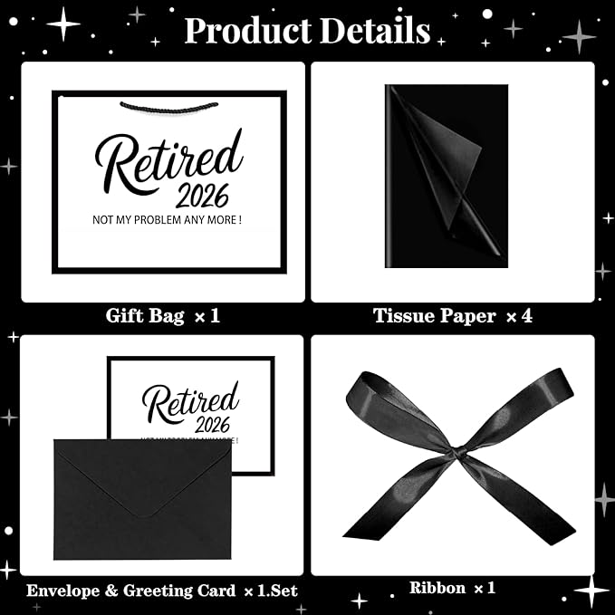 JWSCYSY 12.6" White and Metallic Black Retirement Gift Bag with Tissue Paper, Retired 2026 Gift Bag with Greeting Card for Men Women Retirement Party Decorations Supplies