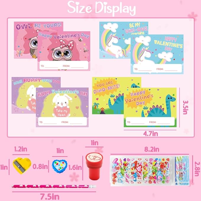 LUKBERA Valentine's Day Gifts for Kids - 24 Pack Valentines Classroom Stationery Set with Cards, Cups, Pencils, Erasers, Stampers & Stickers, Classroom Exchange Prize Boy Girls Party Favors