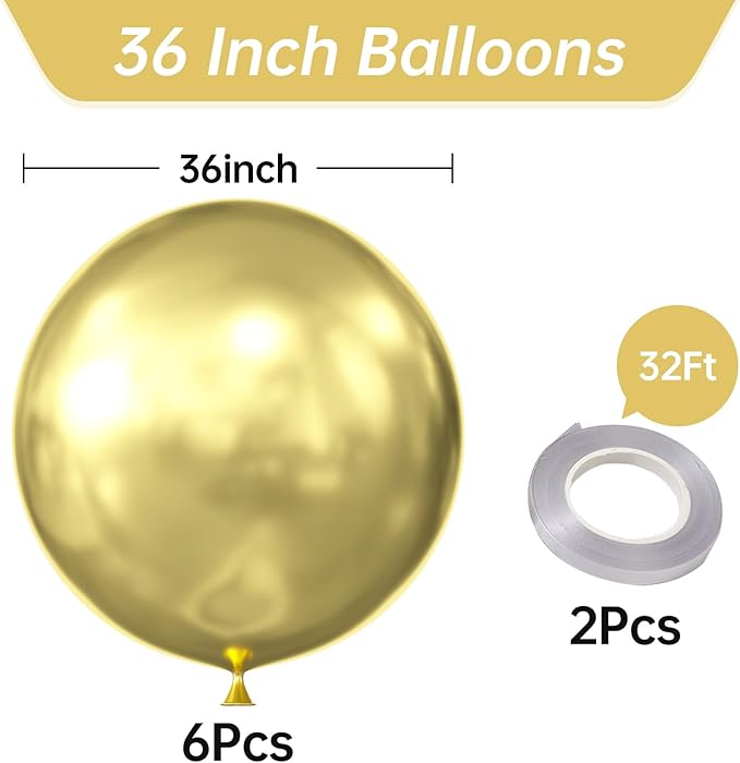 KALOR 36 Inch Giant Metallic Gold Balloons, 6 Pack Large Round Gold Latex Balloons for Anniversary, Birthday, Christmas, Wedding, Baby Shower Party Decorations