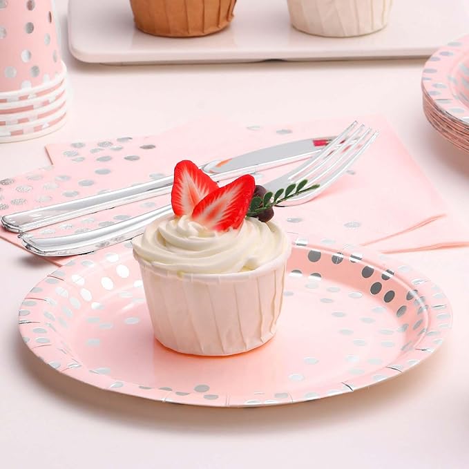 350PCS Pink Plates and Napkins Party Supplies,Pink Party Plates with Silver Polka Dot Serve 50 Guests,Bridal Shower Plates with Silver Plastic Cutlery for Engagement Wedding Decorations