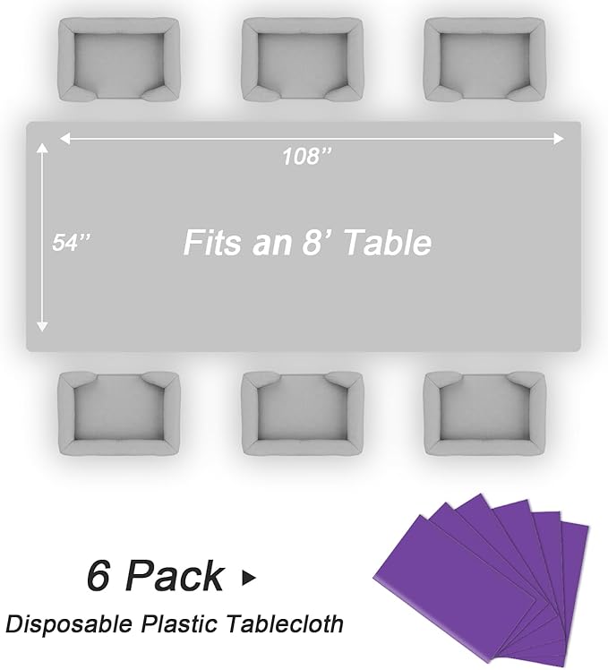 QIKSION Purple Plastic Table Cloth Disposable 6 Pack, 54 x 108 Inch Tablecloths for Party, Birthday, Graduation, Halloween Decorations, Rectangle Table Cover