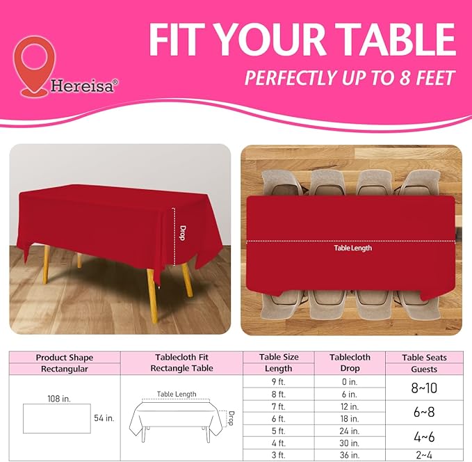 Disposable Plastic Tablecloth Red 54x108 Inch, 5-Pack Waterproof Rectangular Table Cover for Parties, Picnics, Dining Protection