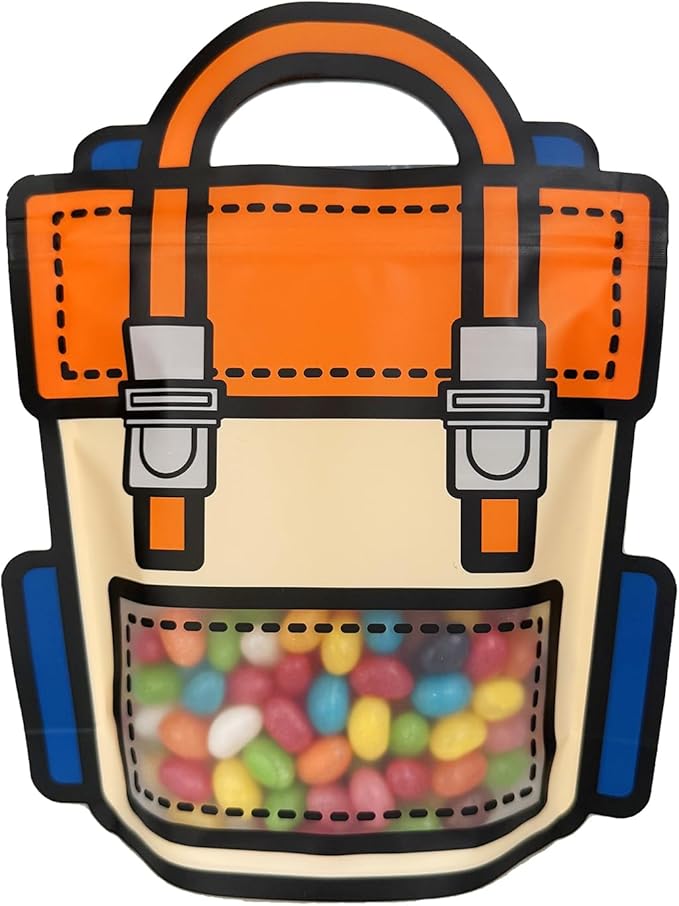 PABCK 30 Pack Plastic Gift Bags Cartoon Goodie Bags 9.45x11.02 inch Backpack-shaped Candy Packaging Bag with Handle Resealable Treats Birthday Party Favor Stand Up (10 Blue,10 Purple and 10 Orange)