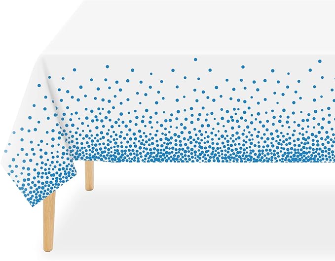 QIKSION 6 Pack White and Blue Dot Plastic Tablecloth, Waterproof Disposable Party Table Cloths for Baby Shower, Wedding, Anniversary, Birthday Party(54 × 108 Inch)