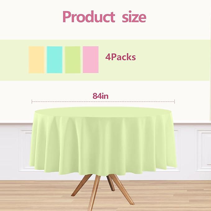 4 Pack Round Pastel Table Cloths for Parties,84 Inch Colorful Plastic Tablecloth,Disposable Table Cover for Birthday Wedding Baby Shower Party Decoration (Pink Yellow Green)