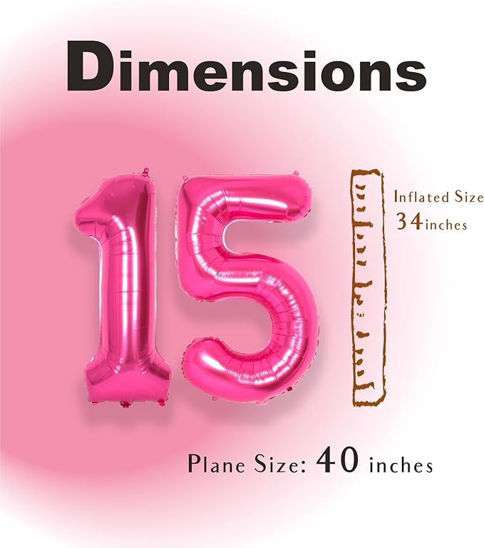 SUWEN 40 Inch Hot Pink Large 15 Number Balloons Big Foil Helium Number Balloons 0-9 Jumbo Happy 15th Mylar Birthday Party Decorations for Girl or Women 51 Anniversary Party Supplies