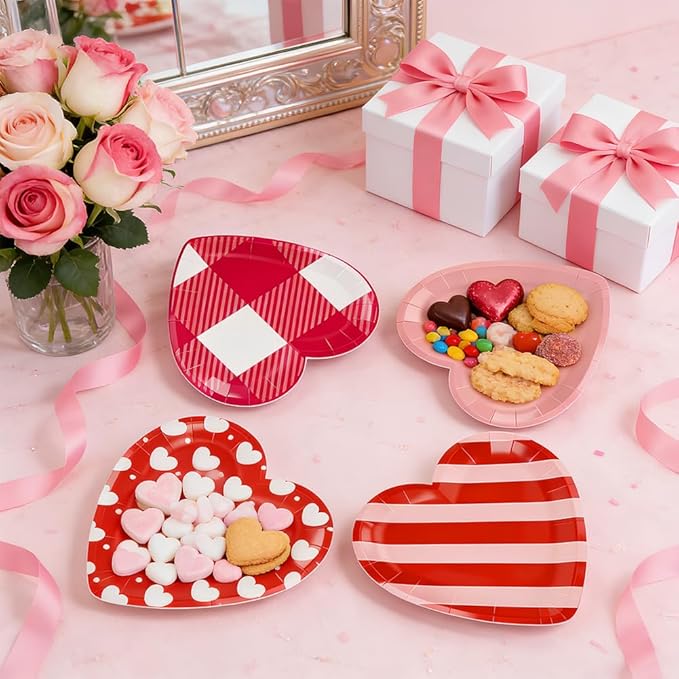 48 Pack 9 Inch Heart Shaped Paper Plates for Mother's Day & Valentine’s Day, Disposable Pink & Red Party Plates, 4 Designs for Wedding, Anniversary, Galentine’s Day Party Supplies