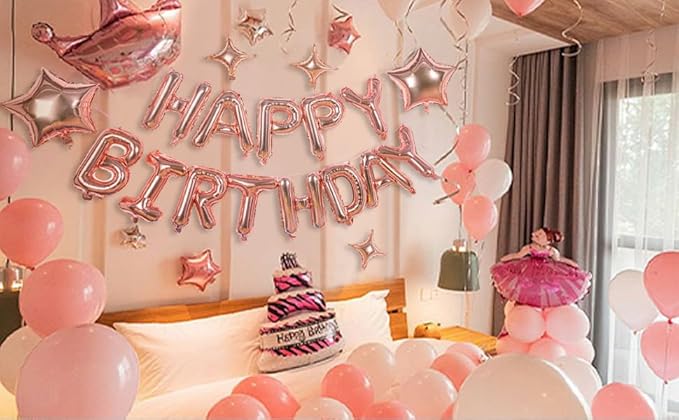 23pcs Birthday Balloons Banner, 3D Rose Gold Mylar Foil Letter Happy Birthday Banner with 5pcs Star Balloons Kits for Kids Girls Boys Men Adults Birthday Party Decorations Supplies