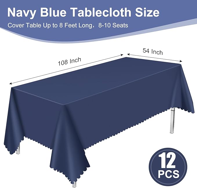 12 Pack Plastic Navy Blue Tablecloth, 54 X 108 Inch Graduation Scalloped Table Cloth for Rectangle Table Disposable Spring Tablecloth for Picnic Birthday Dinner Holiday Graduation Celebration Party