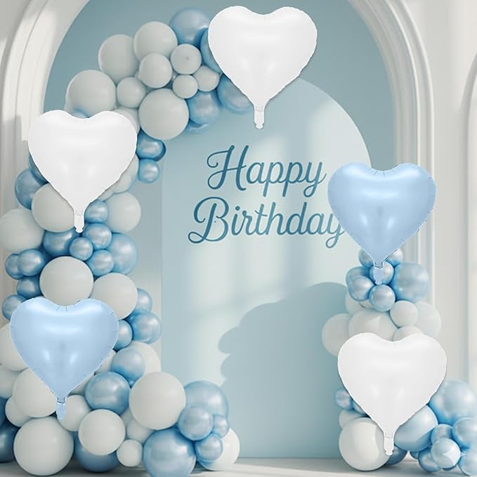Baby Blue Heart Balloons, 10 Pcs Pastel Light Blue and White Heart Shaped Balloon, 18 Inch Cream Sand White Foil Balloons for Boys Men Brithday Bridal Baby Shower Wedding Valentines Party Decoration